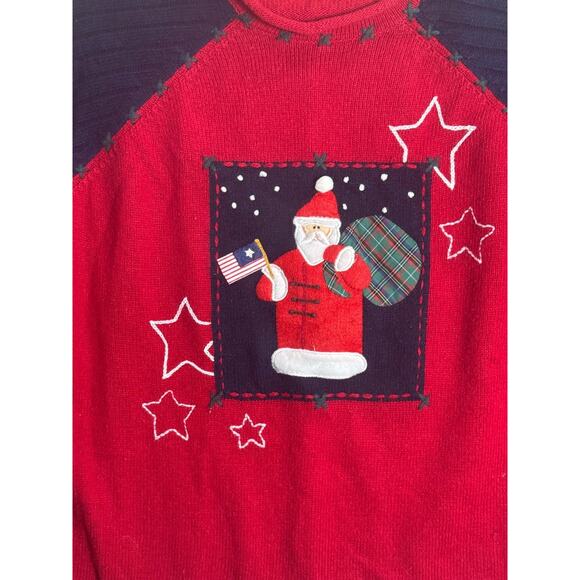 Christmas Sweater American Santa Ramie Wool Flag USA Sz Large Karen Scott Vtg - Picture 2 of 8